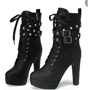 Women's Trendy Block Heeled Boots, Fashion Lace Up Side Zipper Boots SZ 5.5